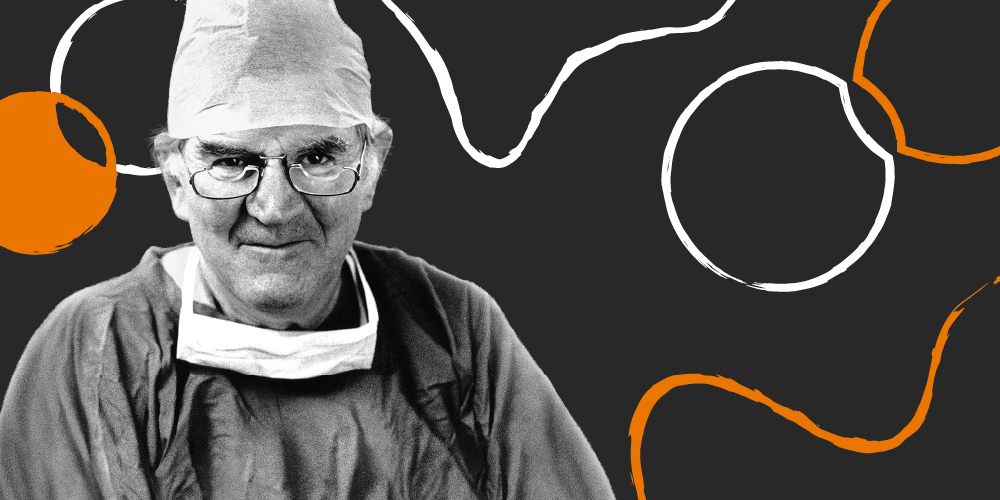 dr fred hollows in doctors scrubs in front of a black, white and orange background
